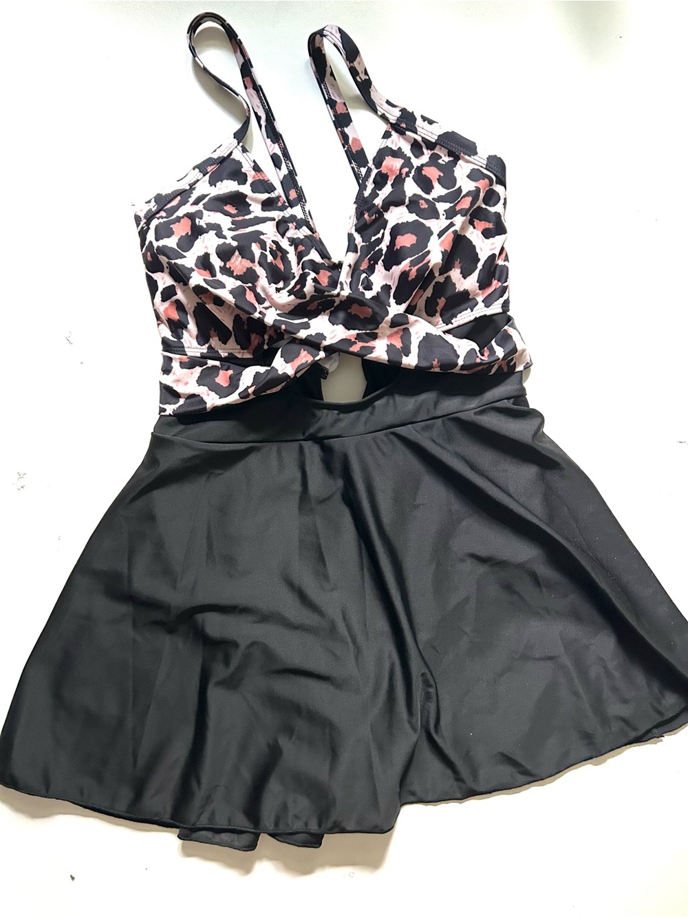 Leopard Print Twist Front Swimdress, SZ XL, Black with Brown & Black Leopatd